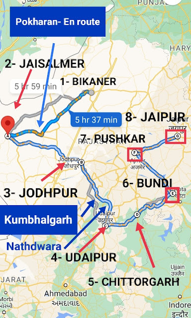 Tourist map of Rajasthan starting from Bikaner and ending in Jaipur