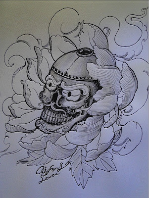 Skull tattoo flash with lotus