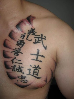 Japanese Tattoos Kanji on a Man's Chest