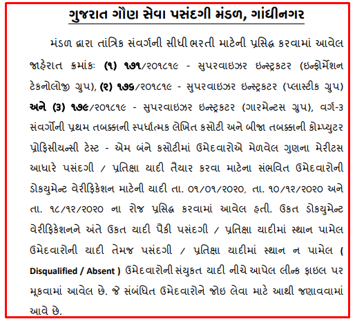 Gujarat Gaun Seva Pasandgi Mandal (GSSSB) Supervisor Instructor Final Result 2020