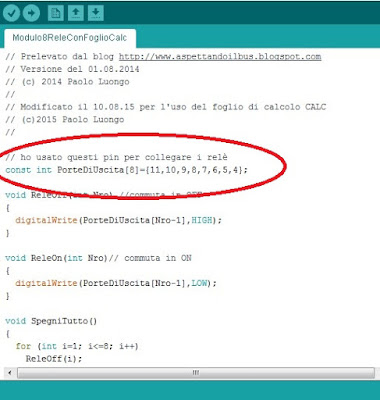 Fig. 4 - Sketch per il controllo degli 8 relè con Arduino UNO R3 di Paolo Luongo