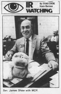 Snippet from the 28 April 1985 Helena Independent Record showing an image of Senator James Shaw with MCP