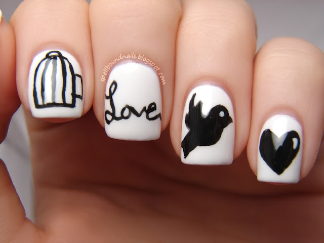 nails nailart nail art polish mani manicure Spellbound Lacquer ABC Challenge letter W is for Wings of Love bird cage birdcage caged bird love cursive flying fly away heart hearts black white LA Colors Energy Source Petites Night elegant sweet holiday Valentine's Day design