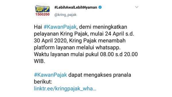 Pemberitahuan WhatsApp Kring Pajak melalui cuitan di Twitter @kring_pajak (24/04/2020)