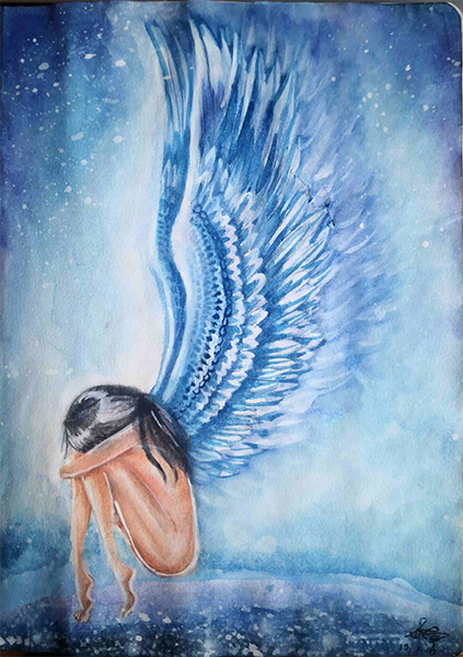 LA's night, a sad angel in the night sky in watercolor