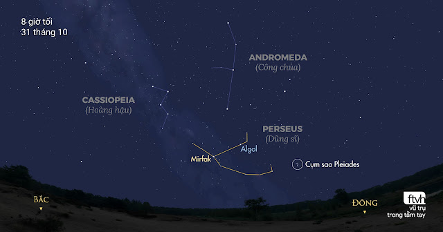Chòm sao Perseus và sao Algol nằm cao khoảng 25 độ ở bầu trời hướng đông bắc vào 8 giờ tối trong những ngày này. Đồ họa: Stellarium/Chú thích: Ftvh - Vũ trụ trong tầm tay.