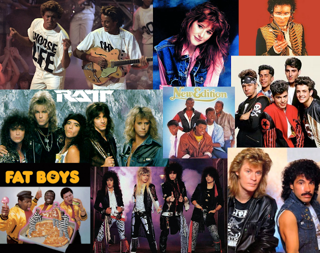 Collage of 80's music artists including Cinderella, New Edition, Tiffany and Hall & Oates