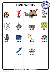 CVC words with pictures - short e sound - list of words