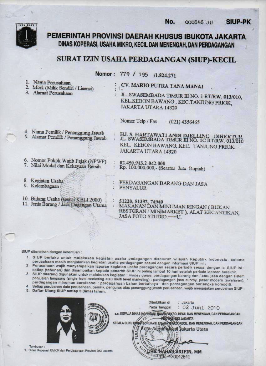 Contoh Perizinan Pemda : Surat Izin Usaha Perdagangan SIUP 