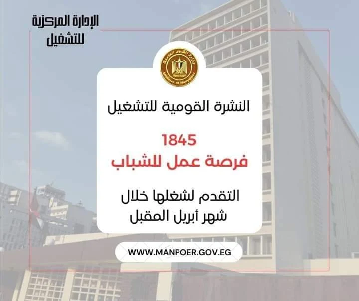 النشرة القومية للتشغيل: 1845 فرصة عمل للشباب التقدم لشغلها خلال شهر ابريل المقبل