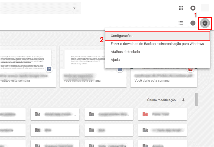 Acessando as configurações do Google Drive web