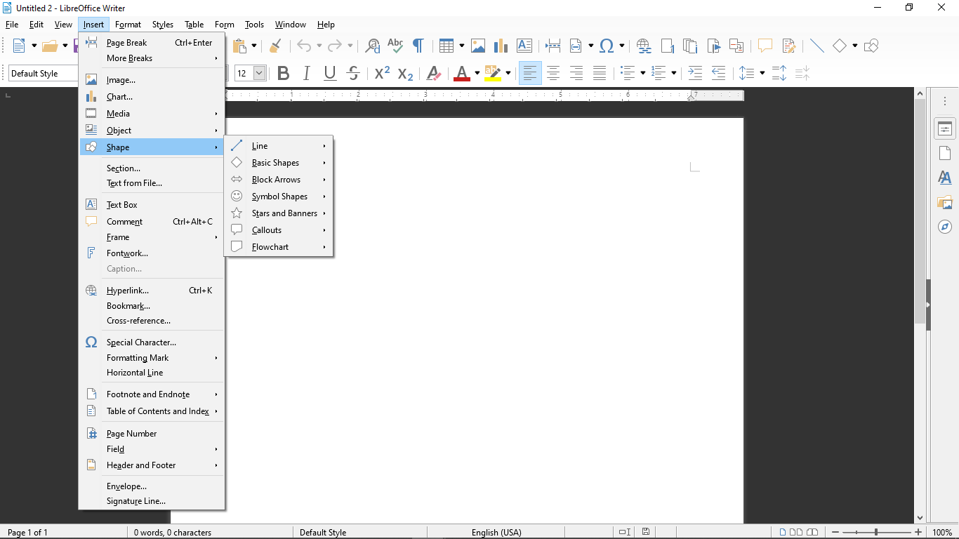 Menu of LibreOffice