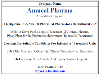 ITI, Diploma, Bsc, Msc,  B Pharm, M Pharm Candidates Jobs Vacancies in Amneal Pharma Ahmedabad, Gujarat | Walk-In interview Pool Campus Placement
