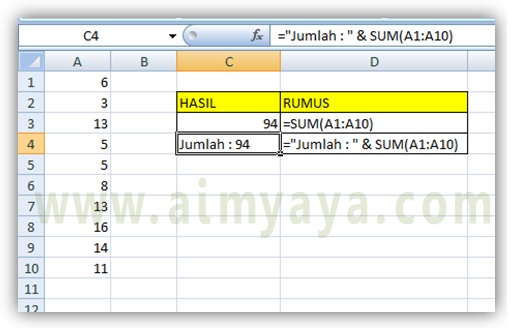  Gambar: contoh menambahkan string  pada hasil perhitungan di Microsoft Excel