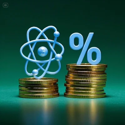 ATOM 코인이 쌓여가는 모습과 함께 높은 이자를 상징하는 % 표시가 강조된 이미지