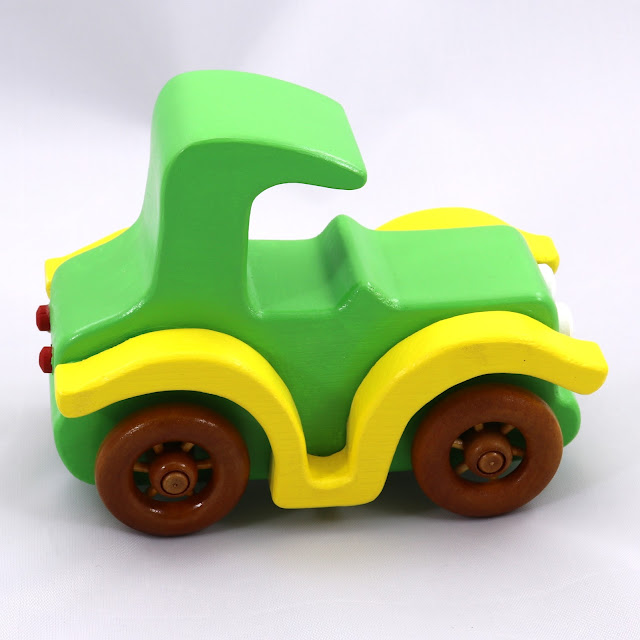 Wood Toy Car, Model-T Sedan, Handmade and Painted with Bright Green and Yellow Acrylic and Amber Shellac, Bad Bob's Custom Motors Collection