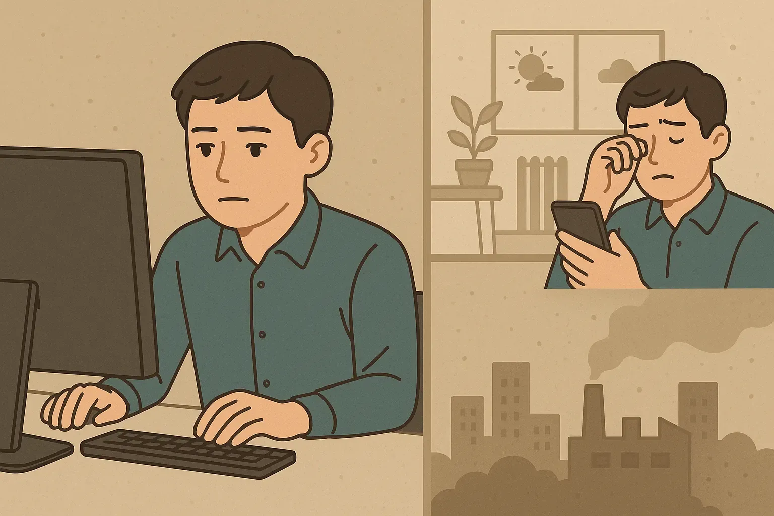 컴퓨터 모니터를 오랫동안 보는 직장인, 스마트폰을 보고 눈을 비비는 모습, 건조한 실내, 미세먼지 배경