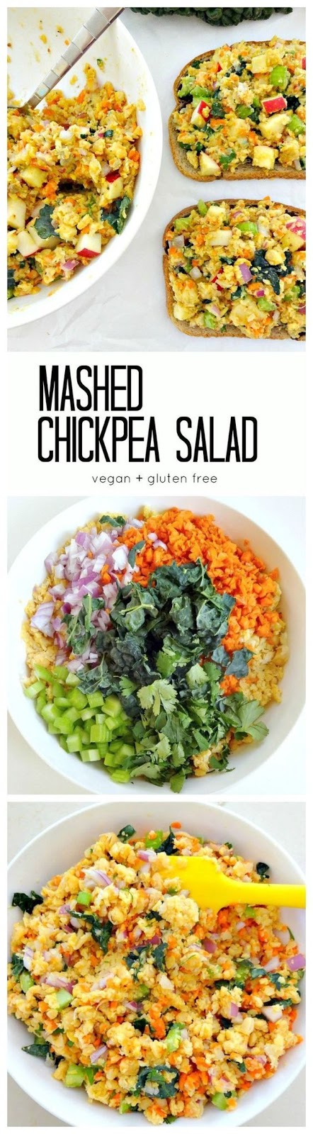 Vegan + GF - Mashed Chickpea Salad. Easy, yummy and healthy with lots of veggies (and kale!), plant protein, fiber, flavor and vibrant crunch.