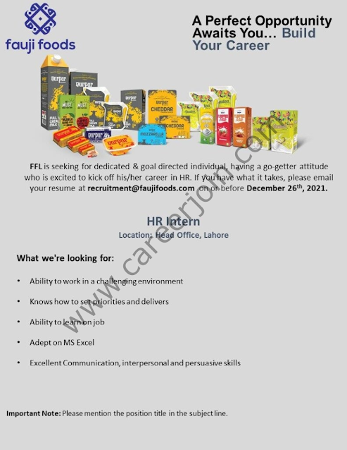 recruitment@faujifooods.com - Fauji Foods Limited HR Internship 2022