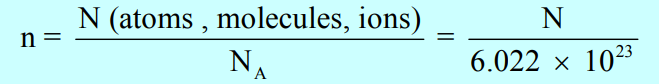 2.    عدد المولات = عدد الجزيئات (أو الذرات أو الأيونات) مقسوماً على عدد أفوجادرو