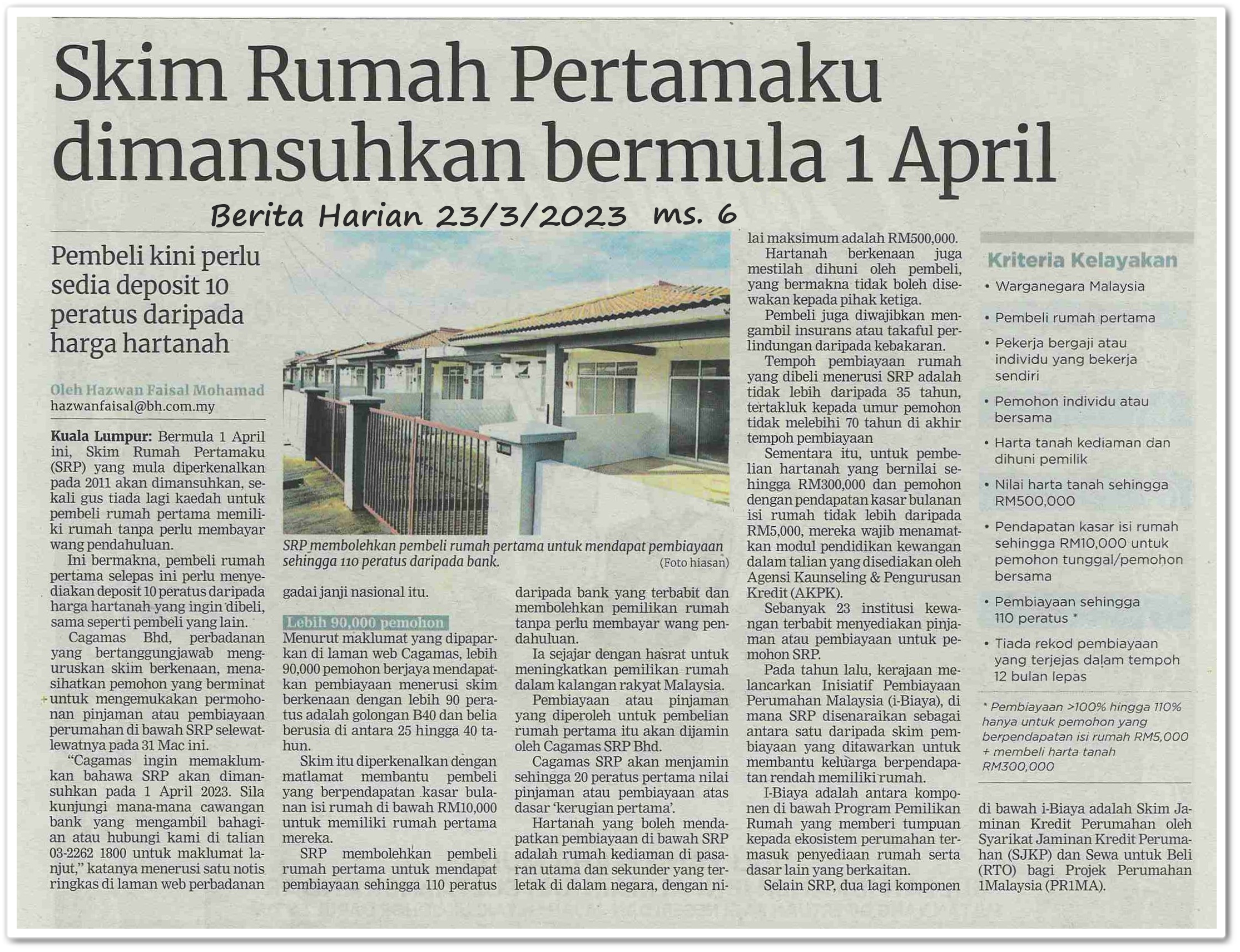 Skim Rumah Pertamaku dimansuh 1 April - Keratan akhbar Berita Harian 23 Mac 2023
