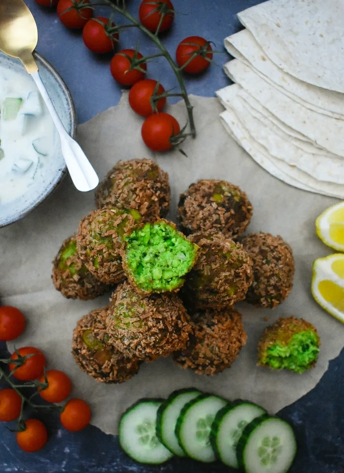 Green Edamame & Pea Falafel with a Yoghurt, Cucumber & Mint Dip (vegan recipe)