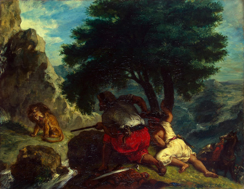 Lion Hunt in Morocco by Eugene Delacroix - Genre Paintings from Hermitage Museum