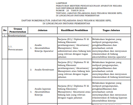 Peraturan Menteri PANRB nomor 25 tahun 2016 tentang Nomenklatur Jabatan Pelaksana Bagi PSN di Lingkungan Instansi Pemerintah