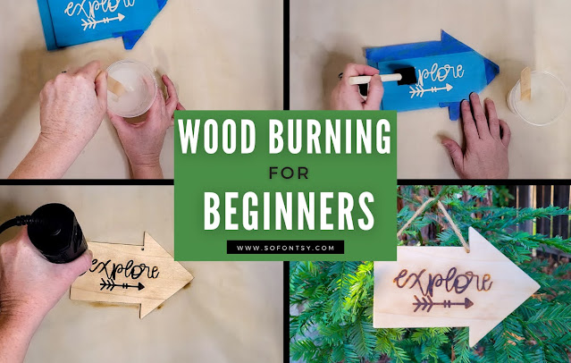 wood signs, wood burning, camping theme, stencil material, wood burn