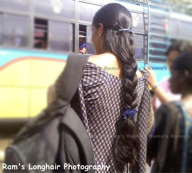 Trichy long hair girl at bus stop.