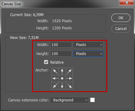 The Canvas Size window.