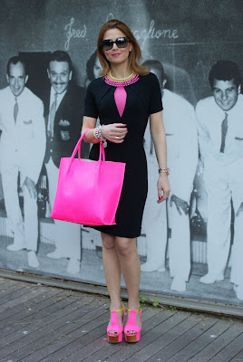 Neon bag, neon shoes, black dress