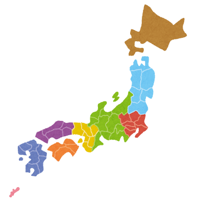 地域別に色分けされた日本地図のイラスト