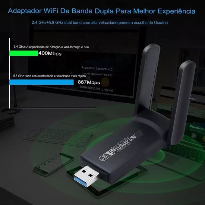 Adaptador Wifi Dual Band 2-4G e 5G USB 3.0 5Ghz 1300Mbps, com 2 Antenas