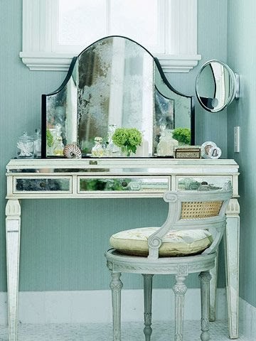 small sized corner vanity table with mirror stool bench design