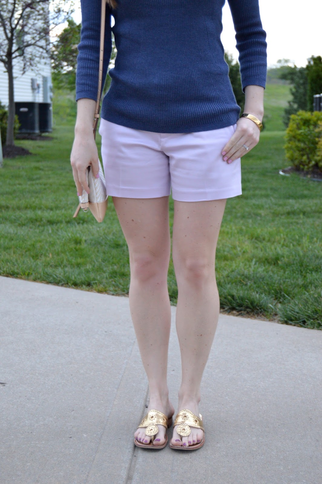 shorts with a sweater | spring outfits | purple and blue | a memory of us | gold jack rogers