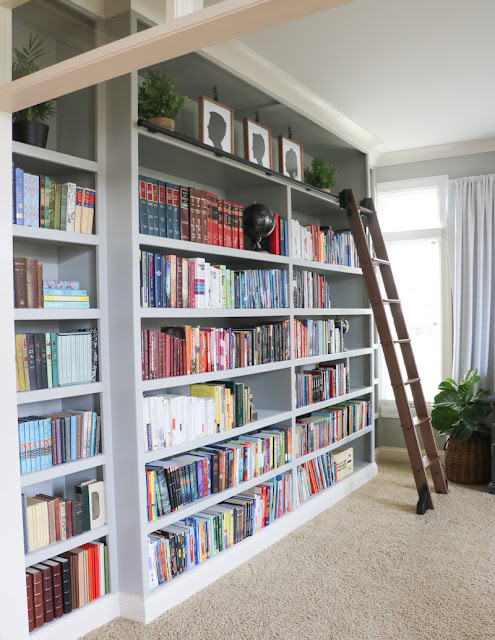 Wall of bookcases with ladder in office 