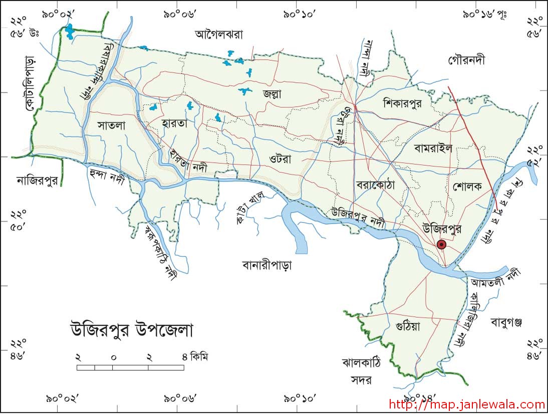 উজিরপুর উপজেলা মানচিত্র, বরিশাল জেলা, বাংলাদেশ