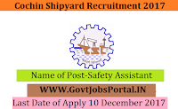 Cochin Shipyard Recruitment 2017– 15 Safety Assistant