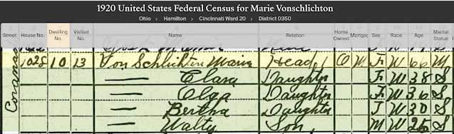colorful snippet of hand-written section of 1920 U.S. Census for Cincinnati, showing Marie Von Schlichten and several of her children, living at 1028 Coronado Avenue