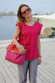 Zara fuchsia top, Asos geo print trousers, Marc by Marc Jacobs color block bag, Fashion and Cookies