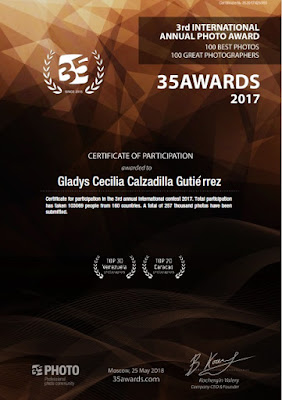 Certificate: Gladys Calzadilla, 35AWARDS 2017 - 3rd international photo awards. Photographers in the country Venezuela. TOP 30 Urban landscapes. 