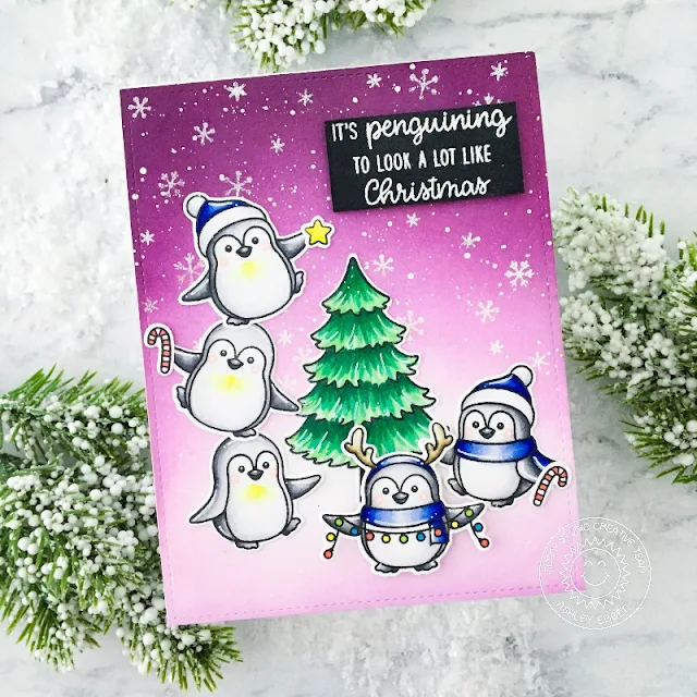 Sunny Studio Stamps Penguins Decorating Christmas Tree by Ashley Ebben (using Penguin Pals, Seasonal Trees & Frilly Frames Quatrefoil Dies)