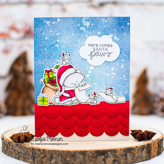 Here Comes Santa Paws Card by Zsofia Molnar | Santa Paws Newton Stamp Set, Sky Borders Die Set and Speech Bubbles Die Set by Newton's Nook Designs #newtonsnook #handmade