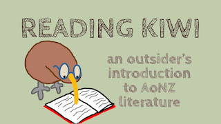 A logo for Reading Kiwi, featuring a digital drawing of a kiwi bird with glasses bent studiously over a book. Text: Reading Kiwi: An outsider's introduction to AoNZ literature