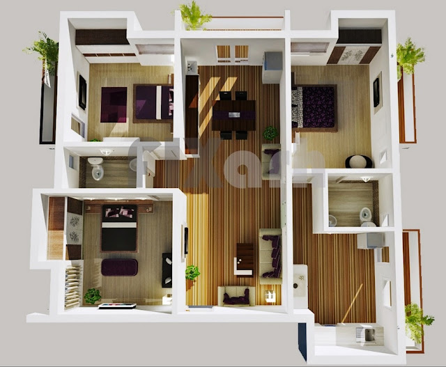 Denah Rumah Minimalis 3 kamar tidur 3D