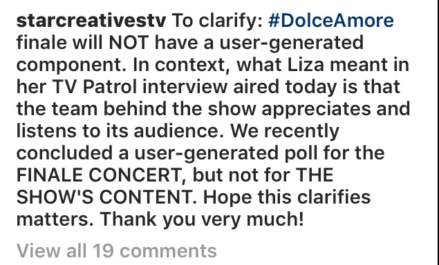 Star Creatives clarifies Liza Soberano's interview on TV Patrol with regards to Dolce Amore finale