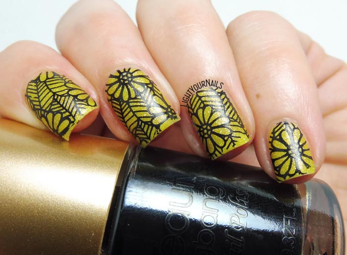 Black and yellow flowers nail stamping feat. BeautyBigBang black stamping polish #nailart #nailstamping #lightyournails