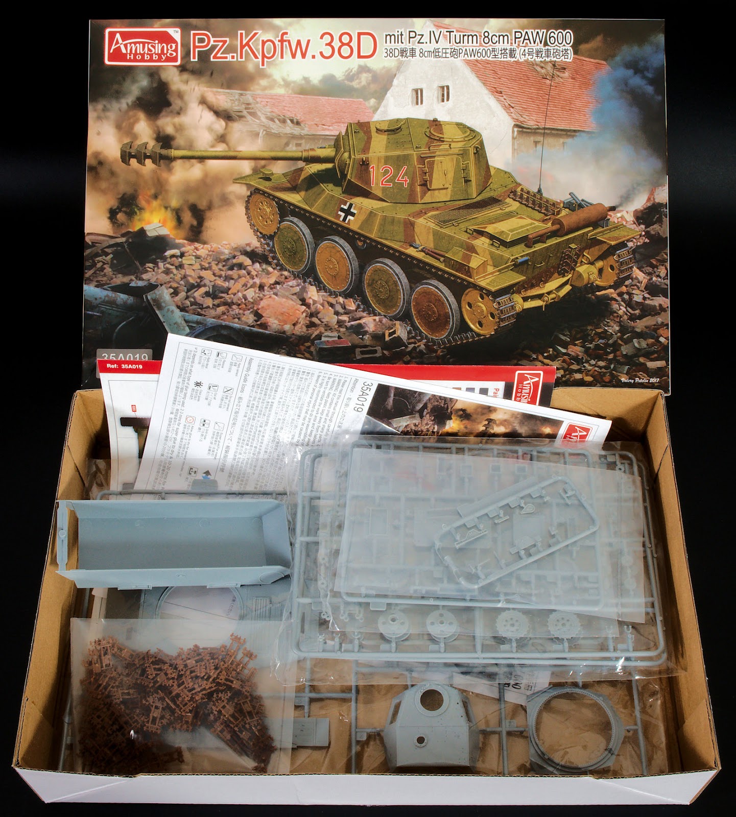 The Modelling News: In-Boxed:1/35th scale Pz.Kpfw.38D mitt PZ.IV turm 8cm  PAW 600 from Amusing Hobby