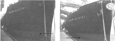 Kapal yang sama pada saat kosong dan penuh muatan. Volume air yang di pindahkan oleh kapal ditandai dengan tenggelamnya kapal hingga batas garis yang ditunjukkan oleh tanda panah.